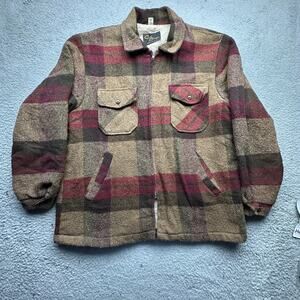 Vintage 70s Cal Craft Wool Sherpa Lined Zip Flannel Plaid Jacket Mens XL Brown
